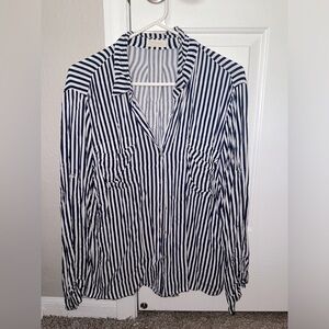 Just Living- Women’s white & navy pinstripe button-up shirt